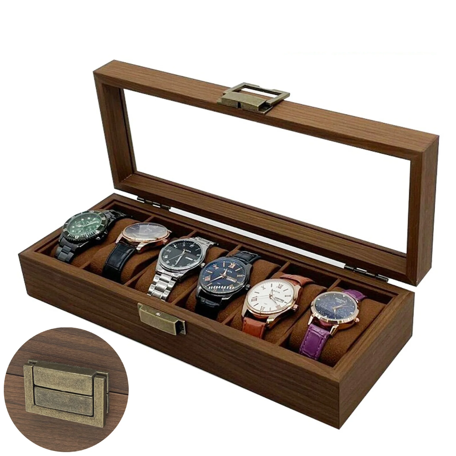 [Retro version] Wooden 6-position watch storage display box, black walnut wooden 6-position watch box
