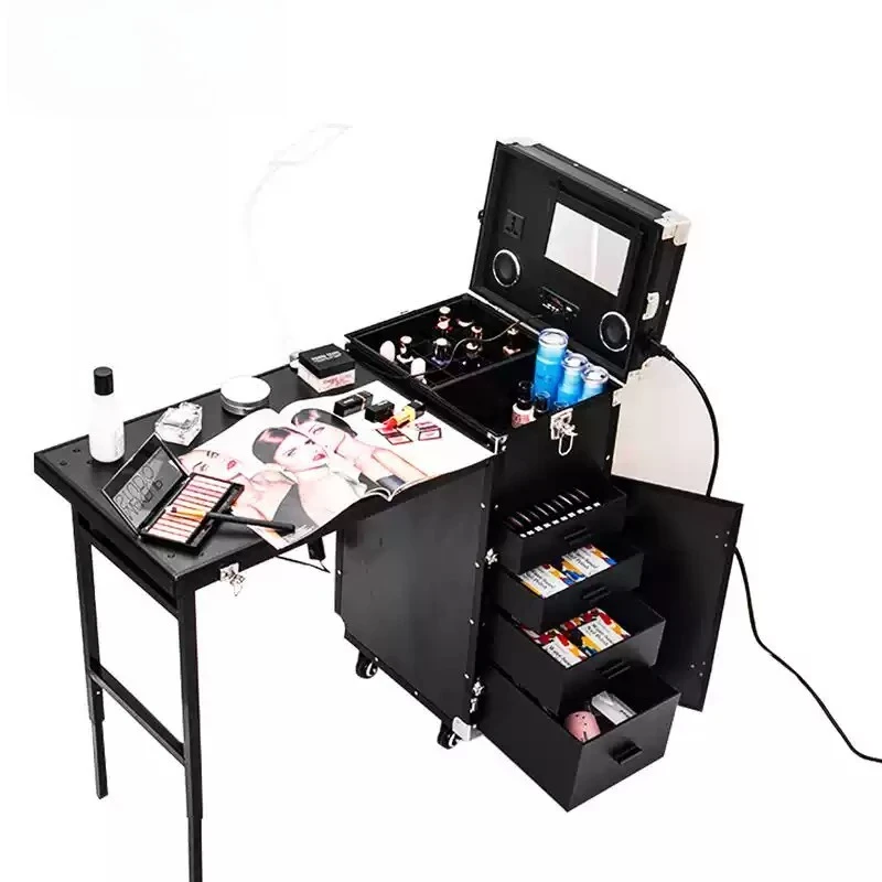 Foldable Rolling Manicure Table with Speaker Portable Travel Nail Makeup Organizer Cart for Nail Teaching Work