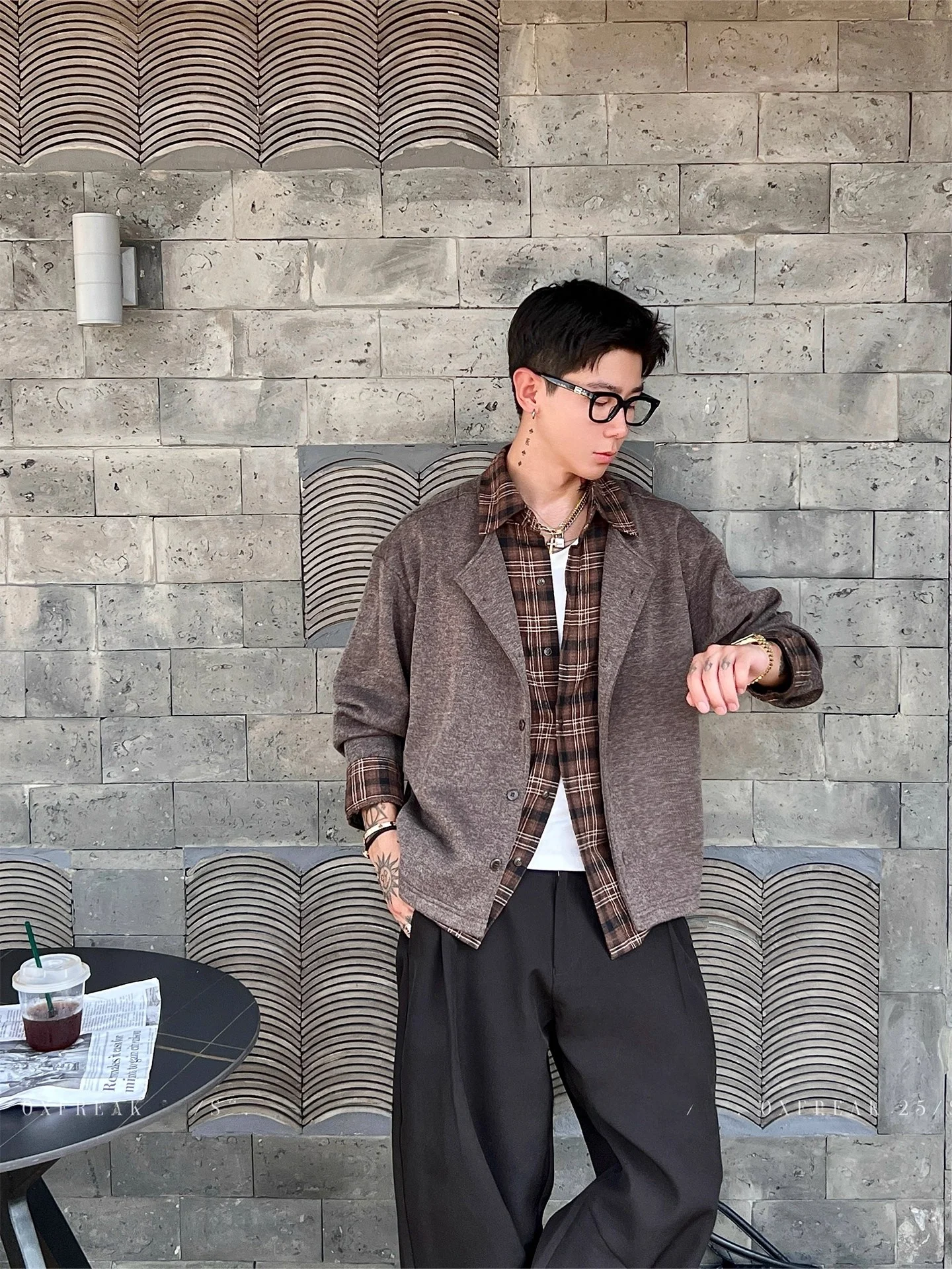 

OXFREAK мужской клетчатый внутренний кардиган, свитер свободного кроя, осень-зима, повседневный, искусственный, из двух предметов, вязаный, irt