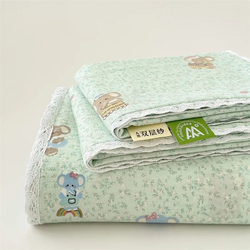 Bonenjoy Cartoon Style Flat Bed Sheets with Lace Queen/King Size Double-layer Yarn Top Sheets for Double Beds Single Bedsheets