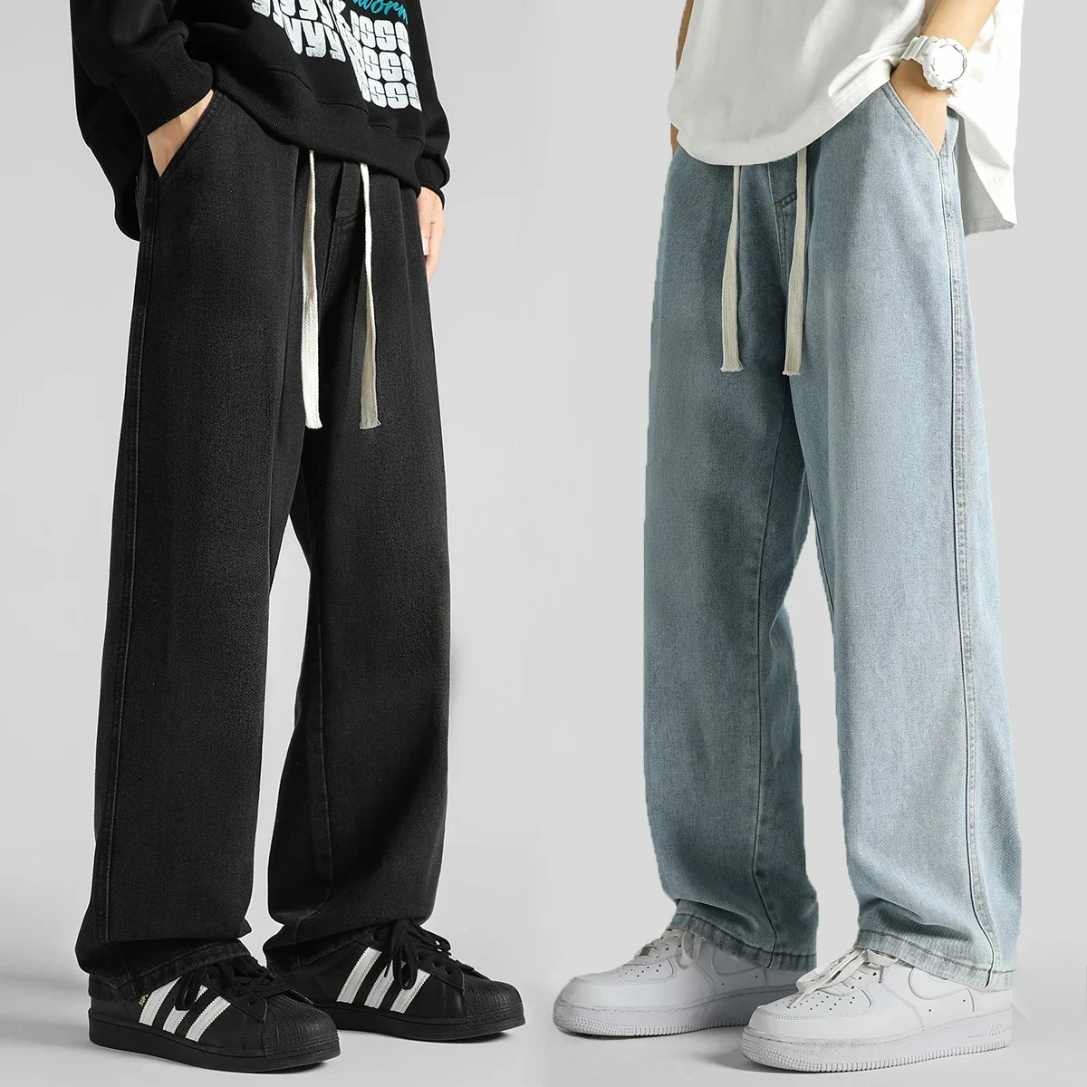 

Pop Streetwear Men's Clothing Jeans Loose Straight Casual Fashion Baggy Denim Trousers Solid Color New Korean Drawstring Men Pan