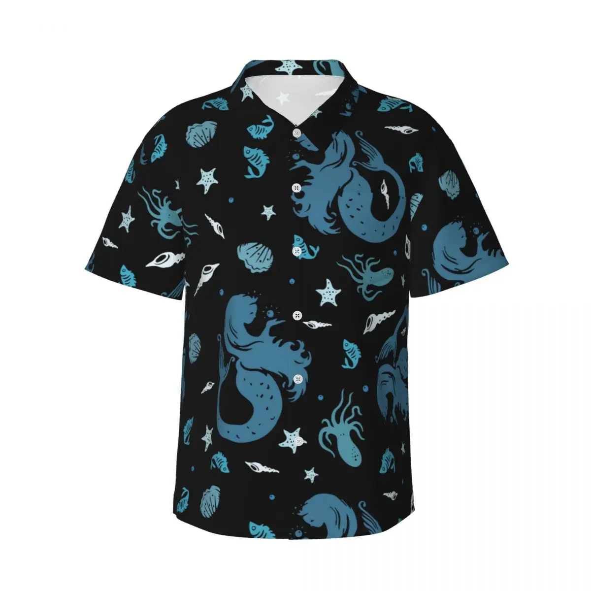 Camisa hawaiana con silueta de sirena para hombre, camisas informales de playa, estrella de mar, pulpo, pez, vida marina, blusas extragrandes de moda Harajuku