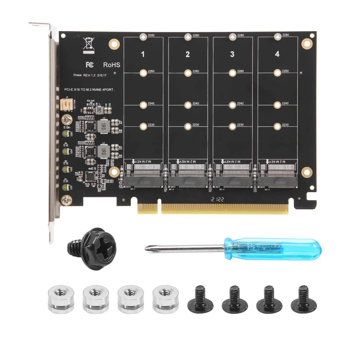 

4 Port M.2 NVMe SSD to PCIE X16M Key Hard Drive Converter Reader Expansion Card, 4 x 32Gbps Transfer Speed (PH44)