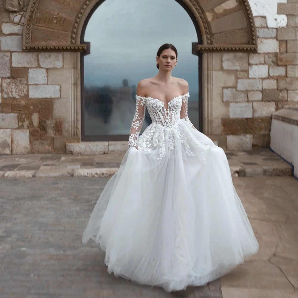 Lorencia Long Sleeves Beach Wedding Dresses Off the Shoulder Lace Appliques Tulle Basque A-Line Bridal Gowns Customized