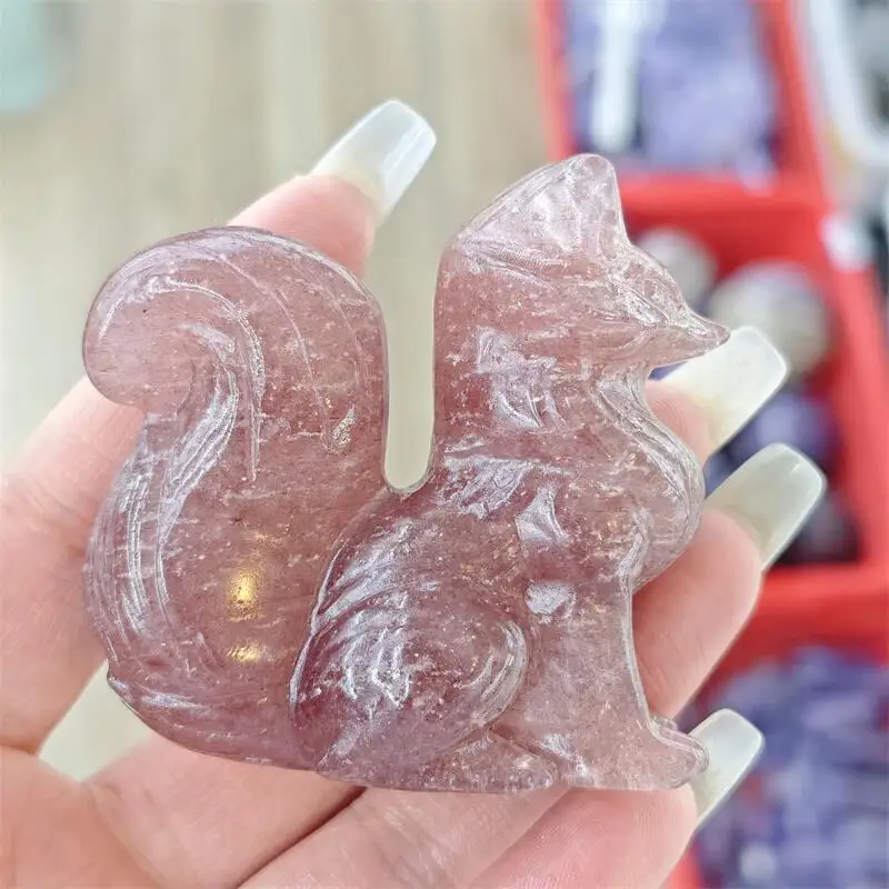 

Natural Strawberry Quartz Fox Fairy Carving Healing Reiki Stone Pink Crystal Home Decoration Ornaments Gifts 1pcs