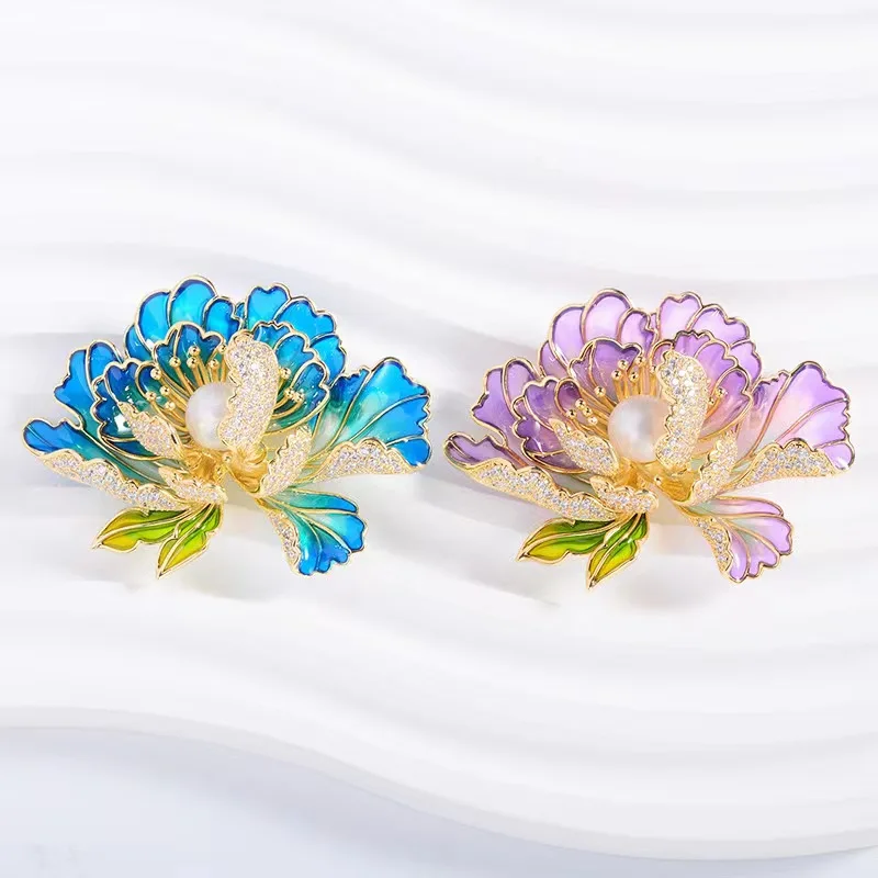 

Elegant Enamel Peony Brooches For Women Exquisite Luxury Micro-zircon Pearl Flower Pins Fashion Banquet Party Jewelry Gifts