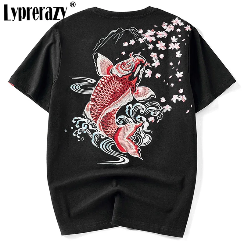 Lyprerazy New Summer Chinese Style Carp Embroidery T-Shirt Original Brand Cotton Casual Men Tee Shirt Tops