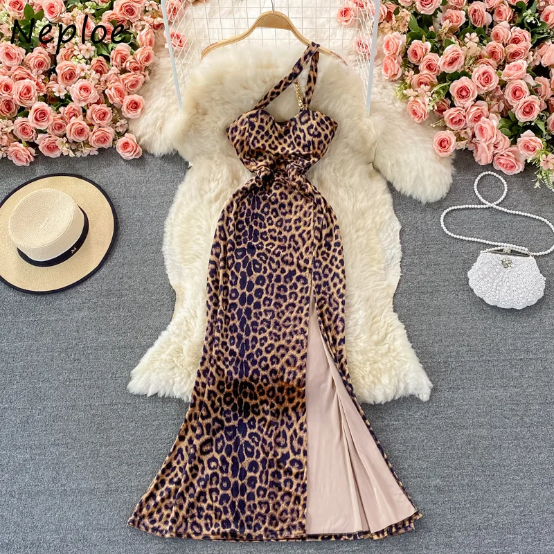 Neploe Hepburn Style Temperament Femme Robe Sexy Leopard Print Suspenders Dress Backless Slit Hip Package Long Sling Vestidos