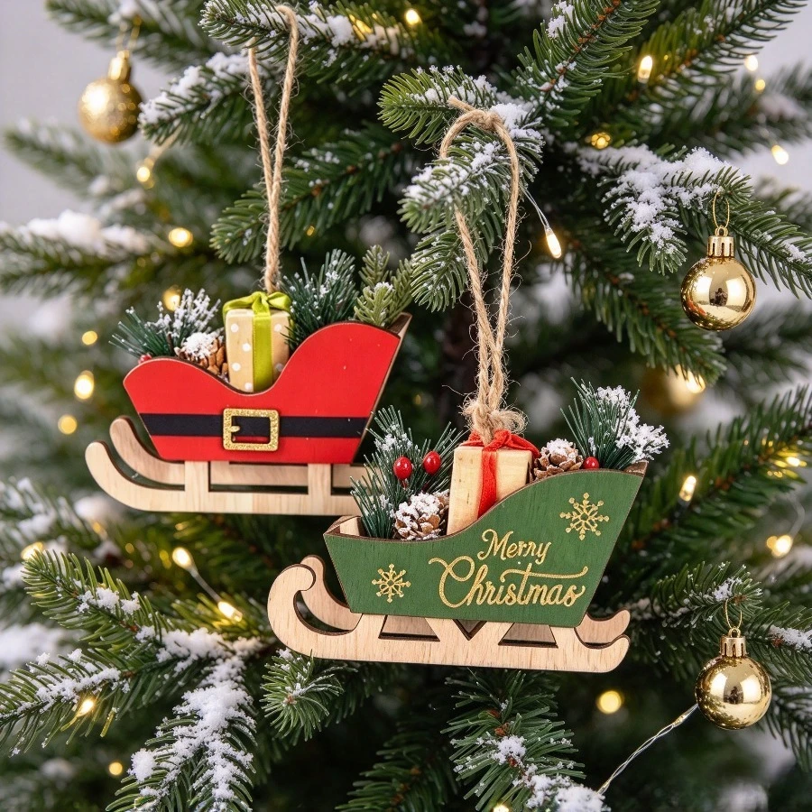 Wooden Christmas Sleigh Decoration Set Xmas Tree Hanging Ornaments Tabletop Display Rustic Holiday Home Decor Party Favors