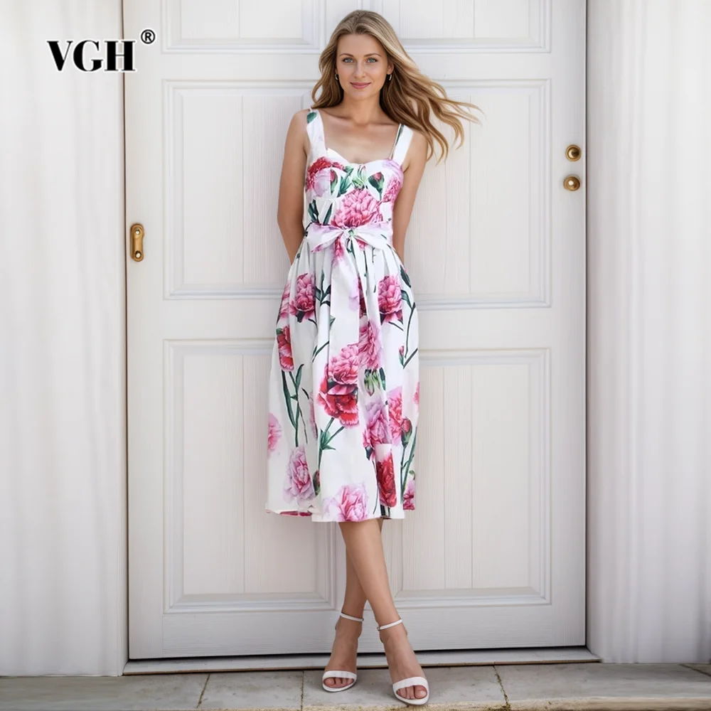 

VGH Hit Color Floral Printing Camisole Dresses For Women Square Collar Sleeveless High Waist Patchwork Lace Up Dress Female New