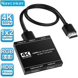 Navceker 4K HDMI Splitter 1x2 HDMI 2.0 Splitter 1 in 2 out HDMI Audio Extractor HDR HDMI2.0 Splitter for PS4 Apple TV XBox PS5