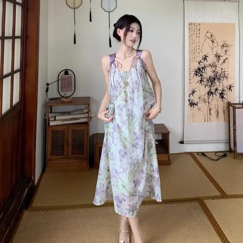 긴 꽃 보라색 꽃 쉬폰 새틴 실크 민소매 여성 드레스 Sundress 드레스 여성용 맥시 슬립 한국 스타일 미적