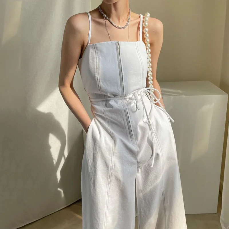 Vintage Zipper Wide Leg Double Pocket High Waist Straight Jumpsuit Women White Black Y2k Rompers Strap Denim Pants