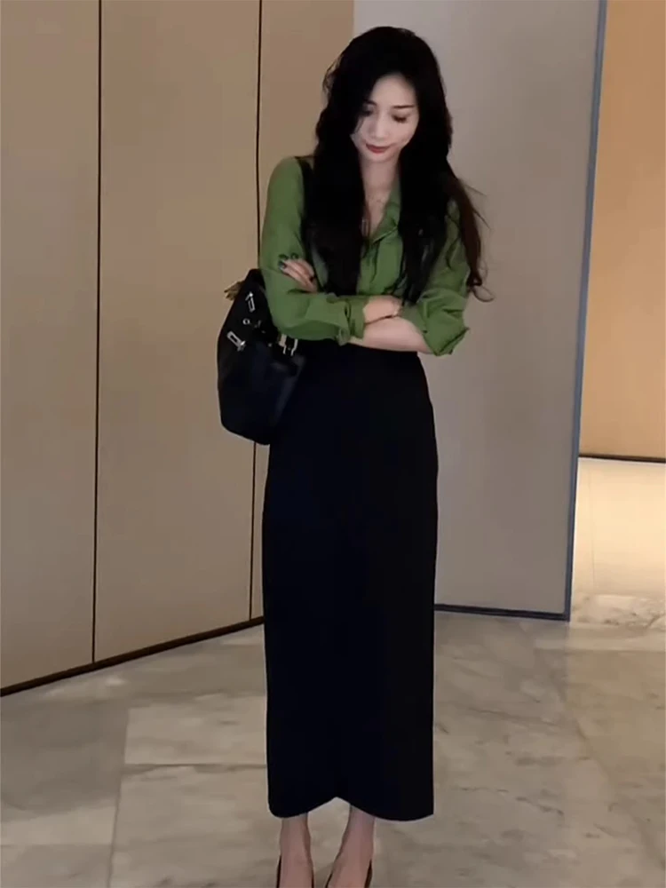 

Spring New Green Shirt Black Skirt Set Women's Fashion Outfit Korean Style High Waist Long Skirt Comfortable Loose Fit