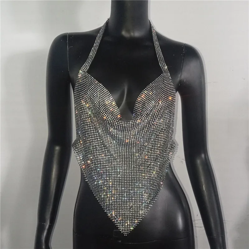 Sparkly Diamond Women Triangle Crop Top Crystal Rhinestone Nightclub Party Y2K Tank Tops Festival Rave Backless Sexy Camisole