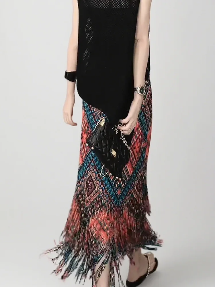 YFPF Vintage impression conception une ligne jupe pour femmes plissée mode gland Patchwork jupes longues casual 2025 nouveaux vêtements