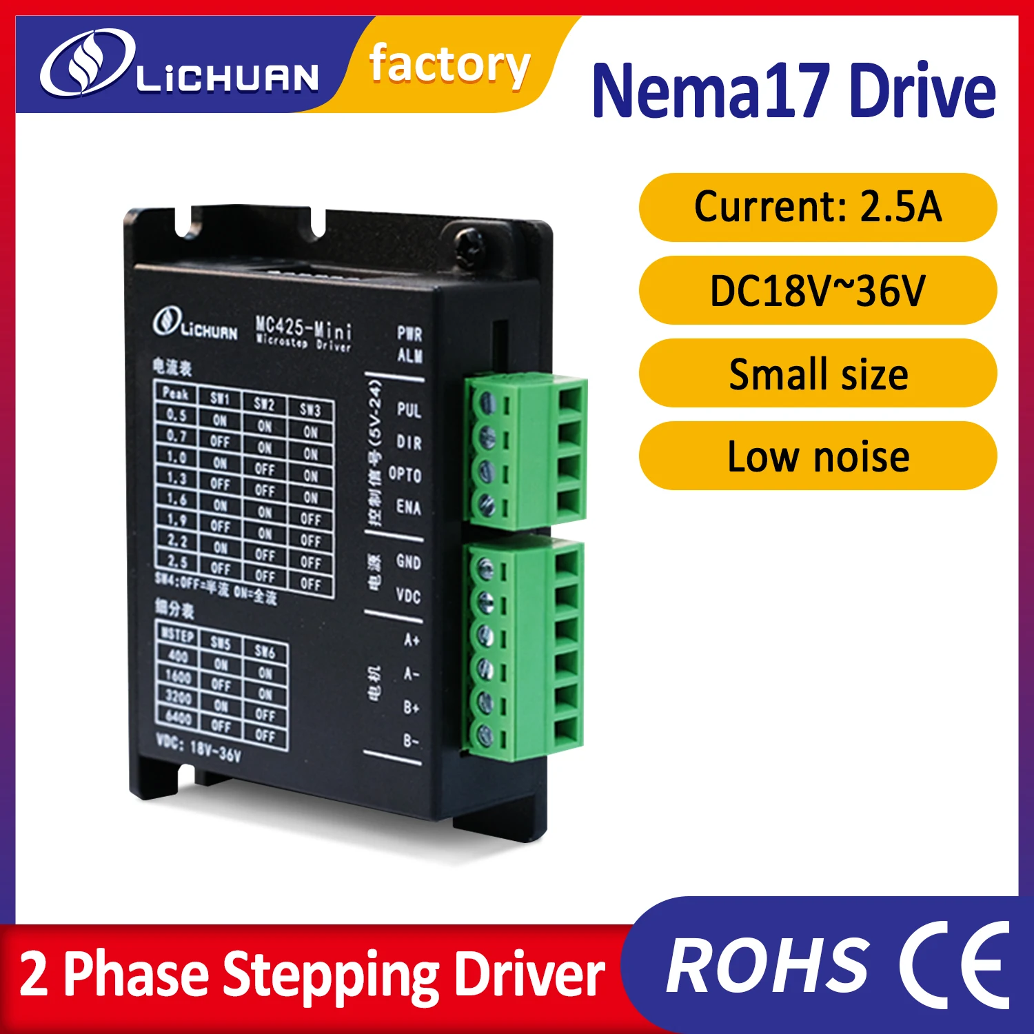 Open loop Digital Stepper Driver MC425 2.5A 18-36VDC for Nema 8, 11, 14, 16, 17 Stepper Motor