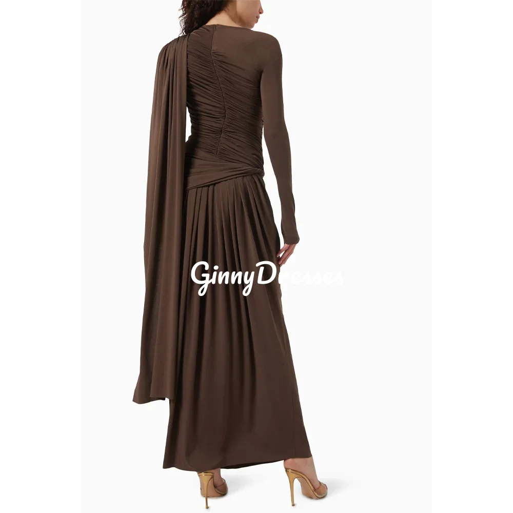 

Customized Dresses For Prom A-Line Scoop Neckline Floor-Length Luxury Evening Dresses Ruffle Long Sleeves Zipper Up Formal Occas
