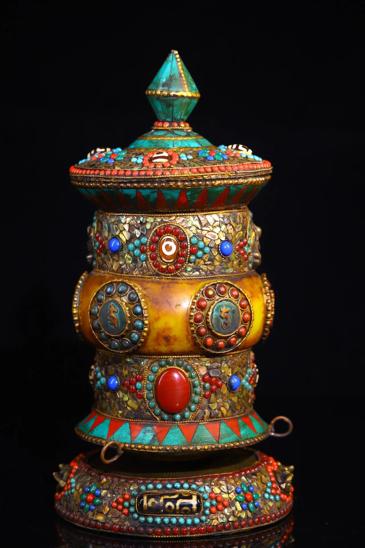 

8"Tibetan Temple Collection Old Bronze Mosaic Gem gZi Beads Turquoise Shell Prayer wheel Amulet Old Scriptures Worship Hall