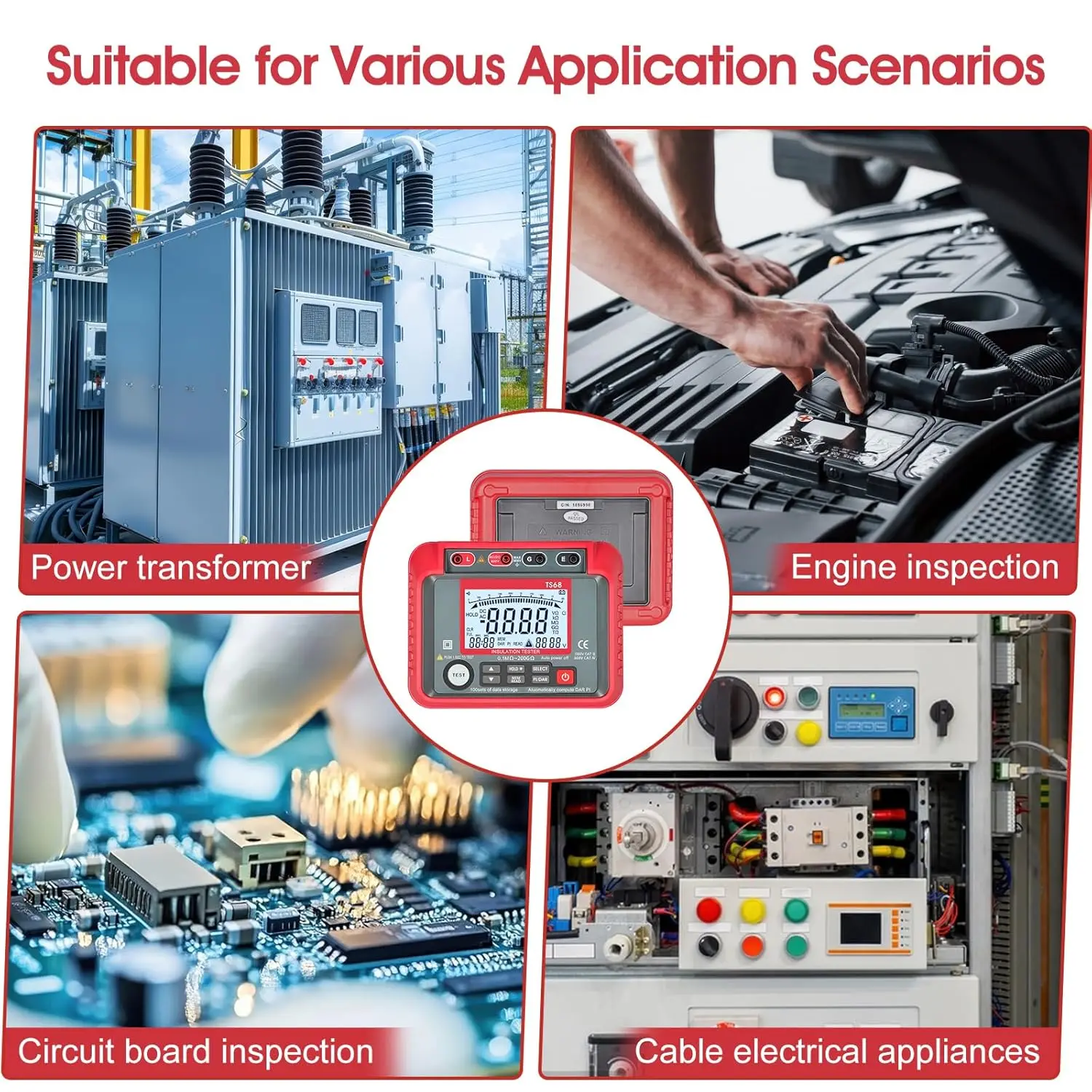 Insulation Meter TS68, 1MΩ-200GΩ Resistance Measurement, Megohmmeter with Backlit, LCD Display, AC/DC 10-600V, 100 Data Memory