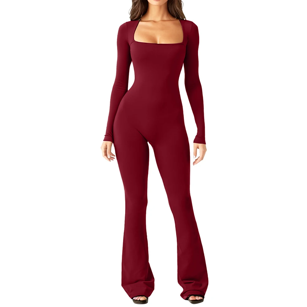 New Women Autumn Long Sleeved Square Neck Slim Fit Flared Bodycon Jumpsuit Pants Romper Playsuit Elegant Simple Women's Jumpsuit