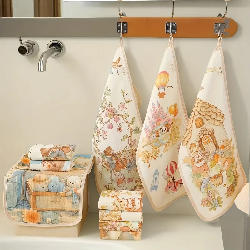 Cartoon Print Children's Towel Pure Cotton  4 Layer Face Washcloth Wiping Handkerchief Baby Face Towel Kindergarten Long Towels