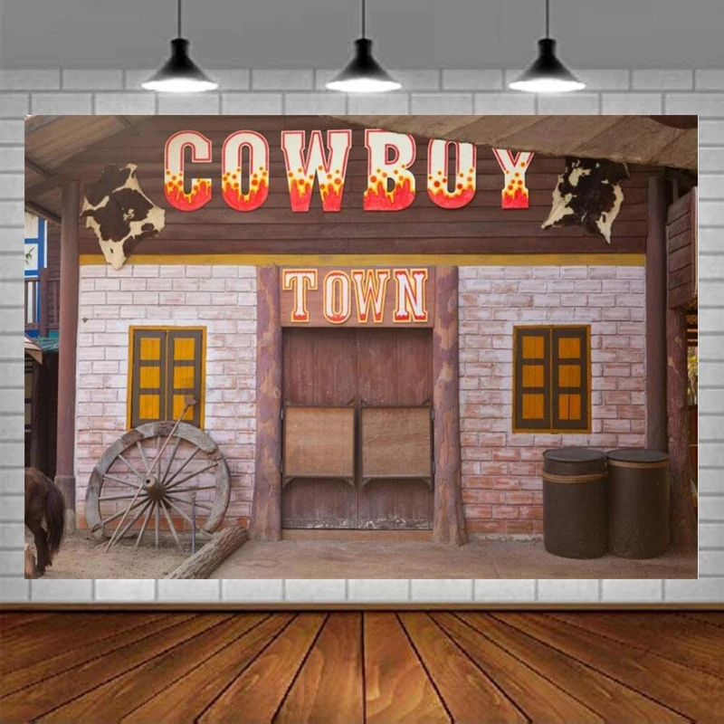 Country Barn Photography Backdrop Parties Wild West Cowboy Farmhouse Tavern Wood Wheel Town Doorway Birthday Party Background