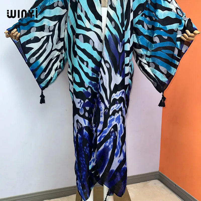 WINYI kobiety dorywczo afrykańskie frędzle Kaftan Gradient długi rękaw z nadrukiem plaża Boho długi sweter Cover-up letnie Kimono sukienka