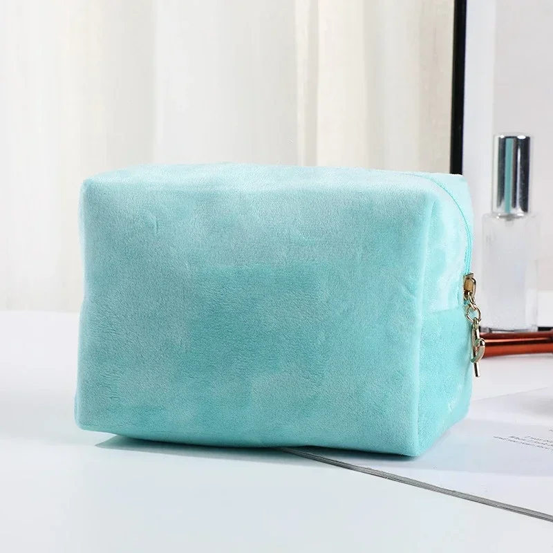 Candy Color Plush Zipper Women Cosmetic Bag Fashion Solid Color Makeup Organizer Storage Bag Daily Storage Travel Makeup Case