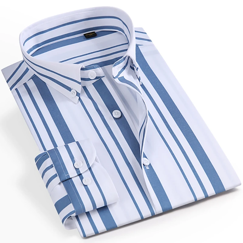 Button Down Men's Striped Dress Shirt Casual Long Sleeve Luxury Quality Male Business Formal Slim Fit White Blue Stipe Shirts