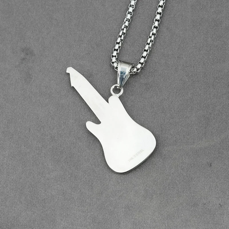 Stainless Steel Guitar Pendant Necklace for Men CZ Diamond Music Instrument Jewelry Hip Hop Gift
