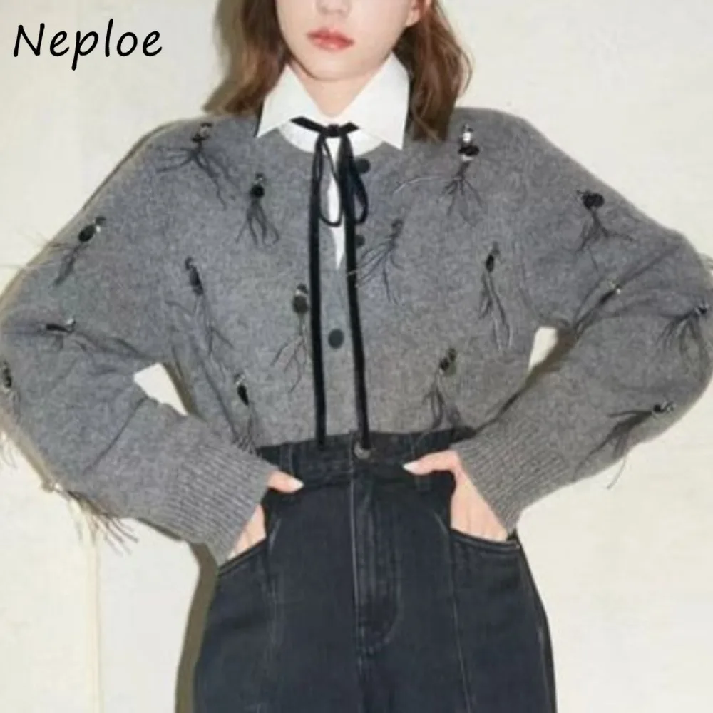 Neploe Casual Loose French Style 3D Flower Minority Jumper Small Fragrance Heavy Exquisite Cardigan Sequin Feather Knit Sweaters