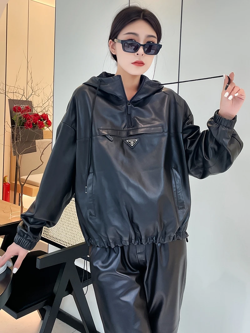 Abrigo informal de piel de oveja auténtica para mujer, abrigo con capucha Dstring ort, adelgazante, holgado, para ir al trabajo, novedad de 2024