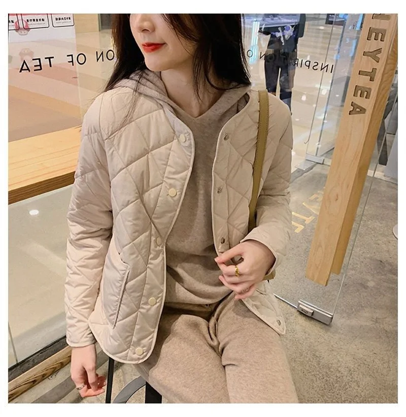 Women\'s Spring Versatile Lingge Collarless Light Thin Short Loose Cotton Jacket 2024 New Korean Cotton Jacket With Cotton Jacket