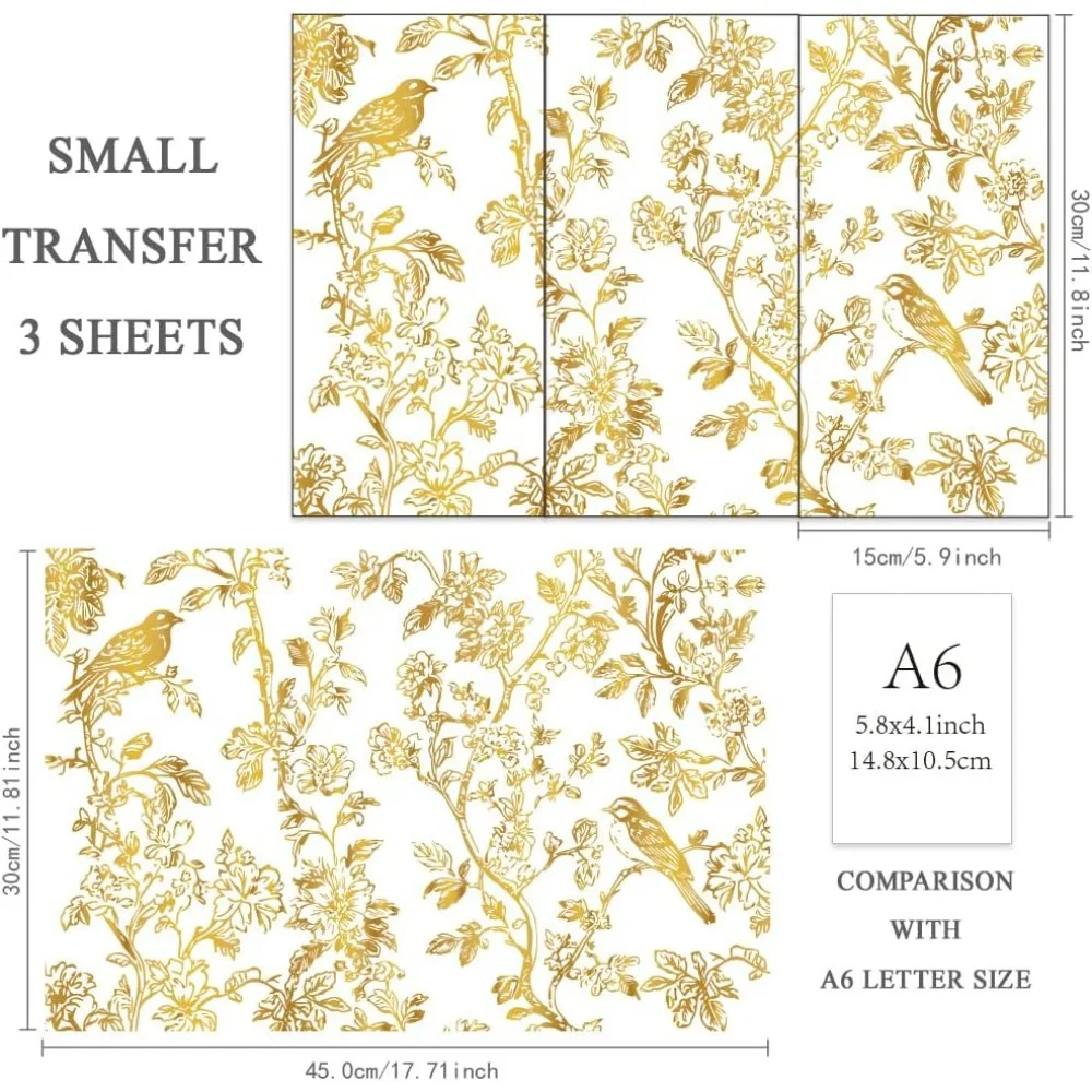 3pcs/Set Golden Flowers Rub on Transfers for Furniture and Crafts 6x12 inch Birds Plants Furniture Decals Metal making kit