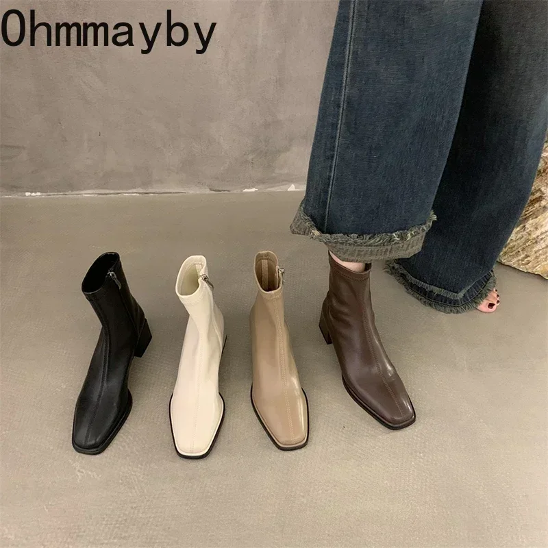 Women Ankle Boots Woman Square Heel Fashion Zipper Autumn Winter Women's Shoes Leather Girl's Short Booties