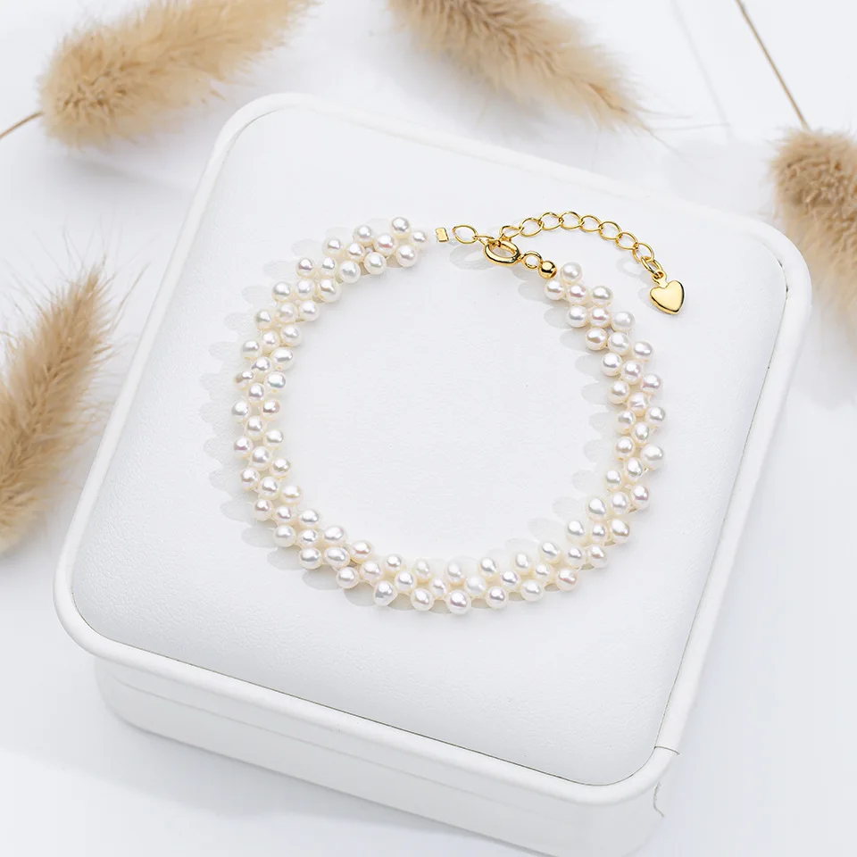 3-4mm Near Round Shape Freshwater Pearl Bracelet for Women 18k Gold Plated 16cm 3cm Heart Extend Chain Adjustable Bracelet