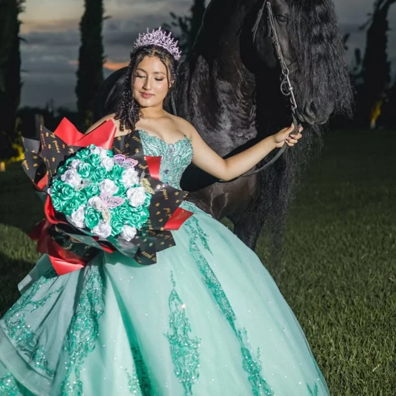 

Mint Green Quinceanera Dresses Off the Shoulder Glitter Crystal Decal layering Long tail Bow Vestido 15 Quinceanera Customized