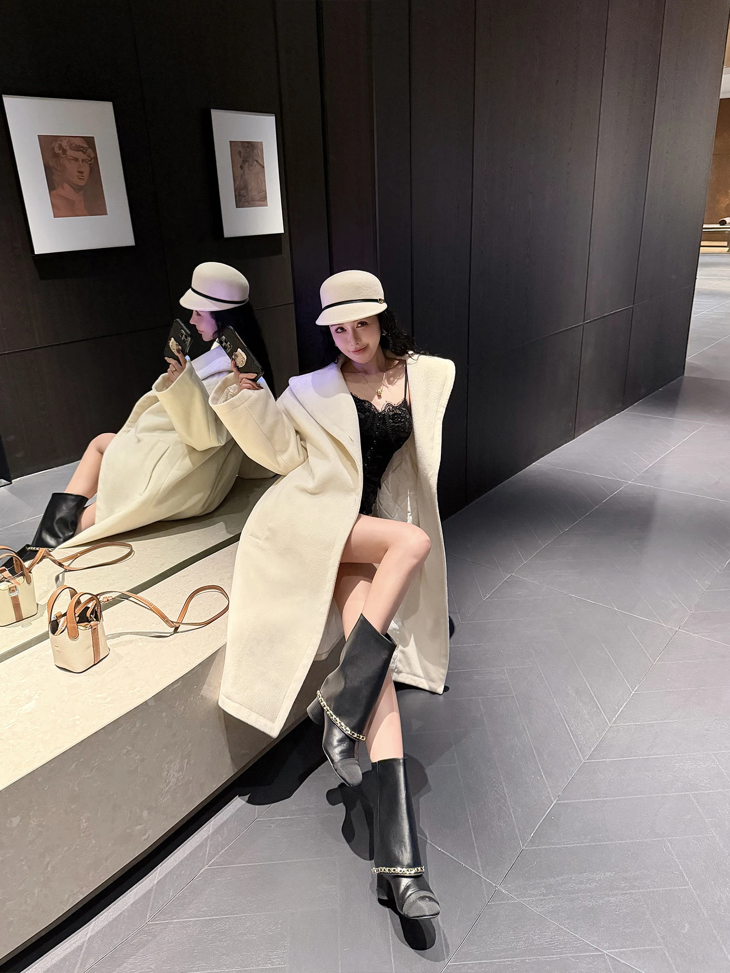 

LADIES FIRST Ele Long White Woolen Coat Loose Versatile Top Sweet Sle Online Exclusive Polyester Wool Blend Spring Wear