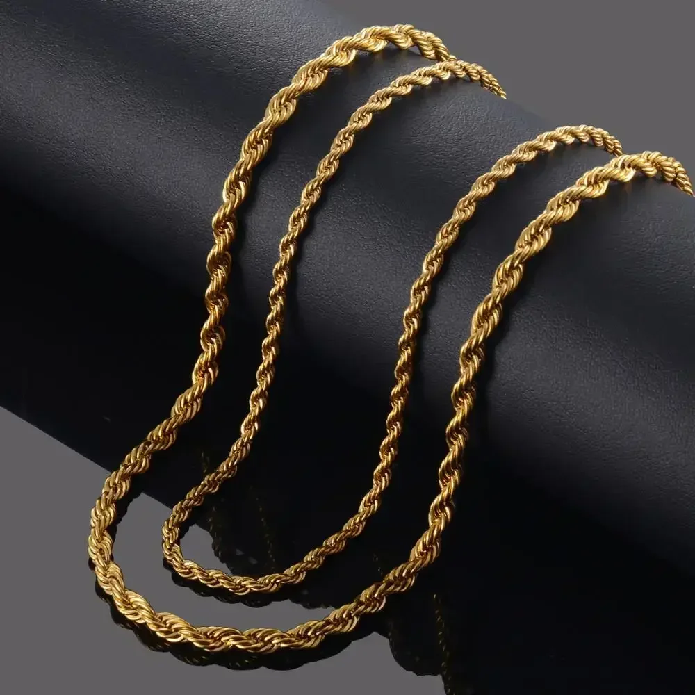 37391-76e33f.jpg Cadena de Cuerda Trenzada de Acero Inoxidable Chapada en Oro de 18K para Hombre y Mujer