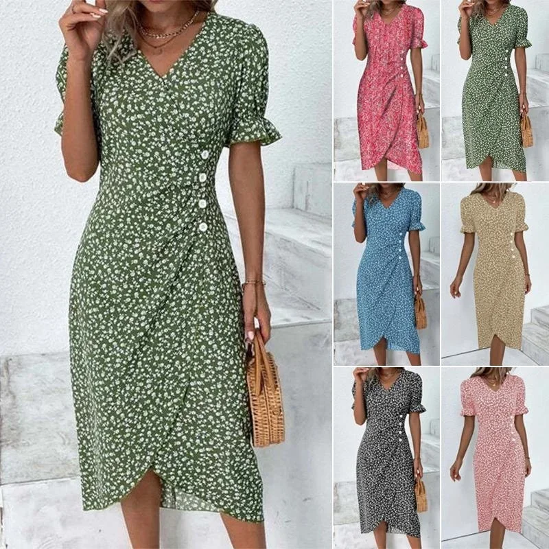 Women's Summer Popular Fashion Elegant Dotted Flower Print Bubble Sleeve V-neck Slim Fit Sexy Party Hem Irregular Dress S-5XL