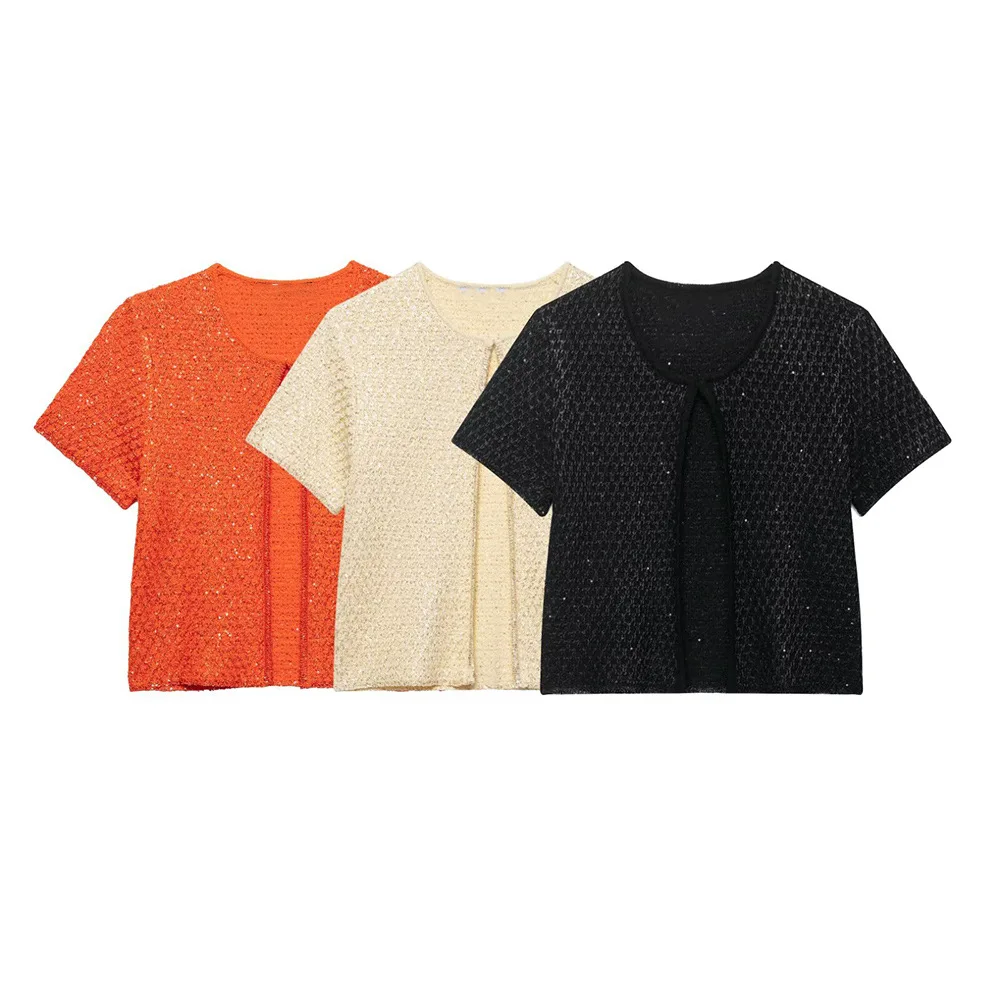 

European and American style 2025 summer new products Women's clothing, versatile beaded sheets, short-sleeved knitted cardigan