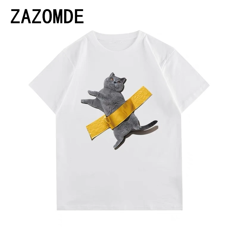 ZAZOMDE 100% Cotton 260G T-shirts Men Funny Cat Print T Shirt Streetwear Daily Casual  Tshirt Top Tees Male Oversized Hip Hop T