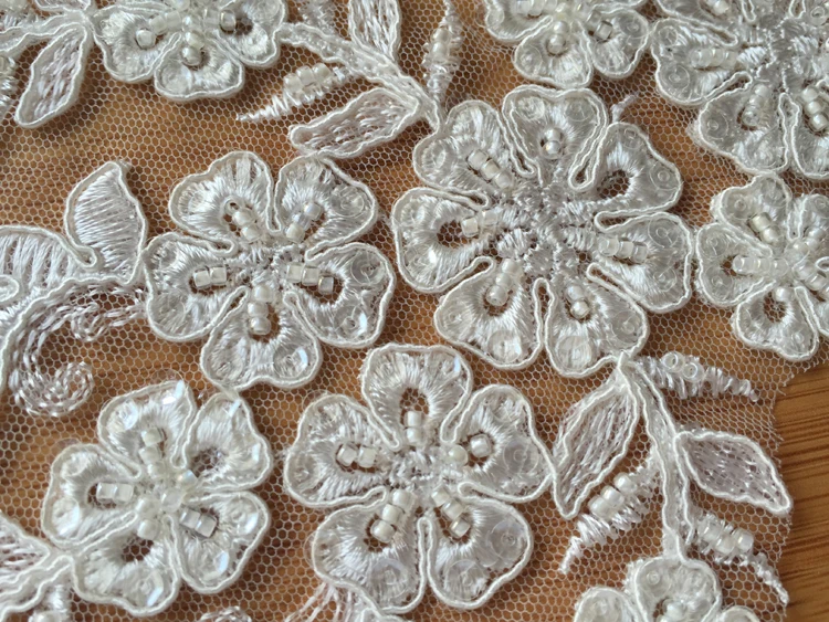 Simple Elegant Floral Applique Beaded Embroidery Mesh Lace With Sequins For Bridal Wedding Dress