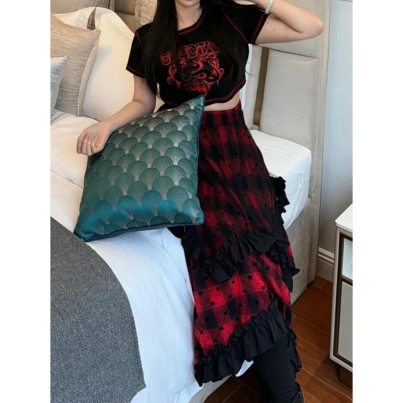

PBAP Women Flocked Bow Frilly Red Tartan Long Skirt Lace Layered Ruffle Asymmetric Elastic Waist Skirt Summer Vintage Clothes