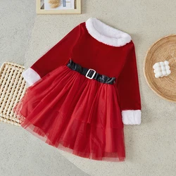 Suefunskry Kids Girls Christmas Clothes Velvet Tulle Mesh Patchwork Belt Decor Long Sleeve Dress Fall Winter Princess Dress 4-7Y