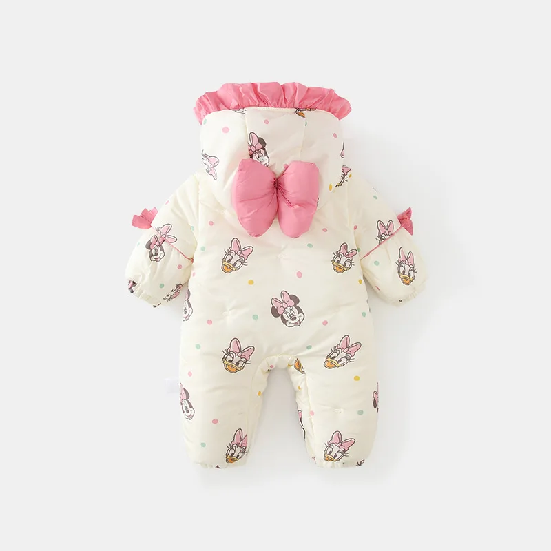 MINISO ميني الشتاء طفلة نيسيي مقنعين القطن القوس تصميم سميكة الوليد تسلق الملابس 0-1 سنة داخلية بذلة