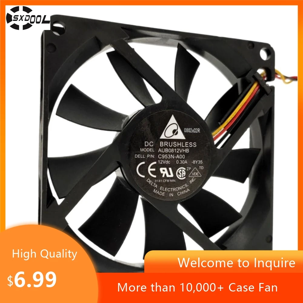 for Delta AUB0812VHB 80mm 8cm DC 12V 0.30A 3-Wire Speed Control Cooling Fan, High Airflow for PCs & Servers