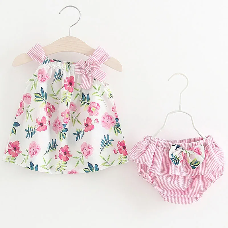 

Summer Baby Girls Clothes Set Children Strap Dress Flowers Sleeveless T-shirt Bow Pants 2Pcs set Baby Girls Outfits Kids A283