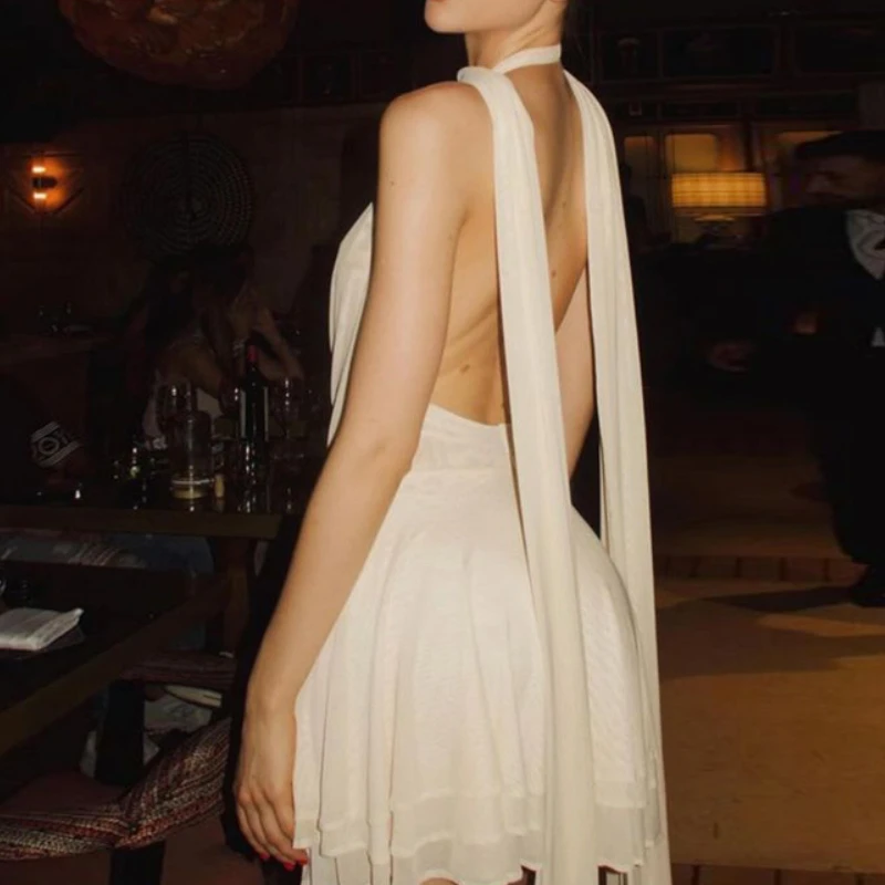 2025 novas roupas femininas sexy oco profundo v cor sólida em camadas plissado folha borda pescoço vestido sem costas